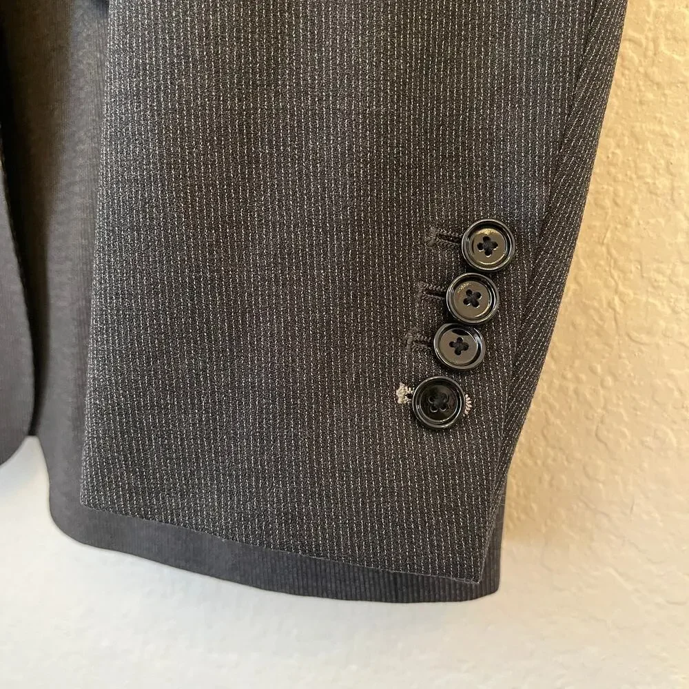 Indochino Mens Blazer Bespoke 43L Wool Stretch Charcoal‎ Pinstripe Surgeon Cuffs
